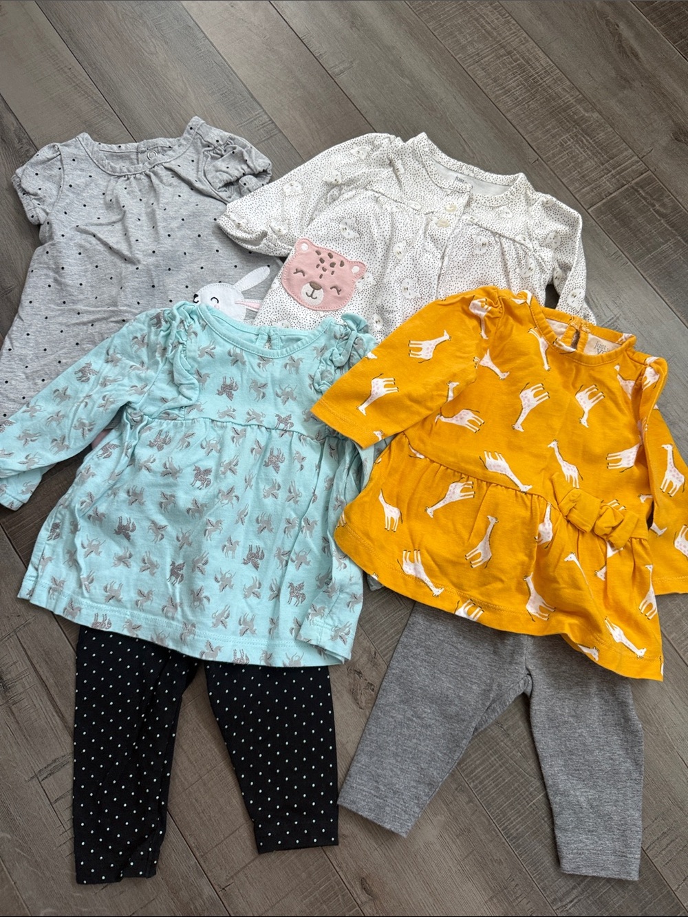 Carter's Mustard Giraffe Tunic & Gray Leggings Set with Aqua Floral Top
